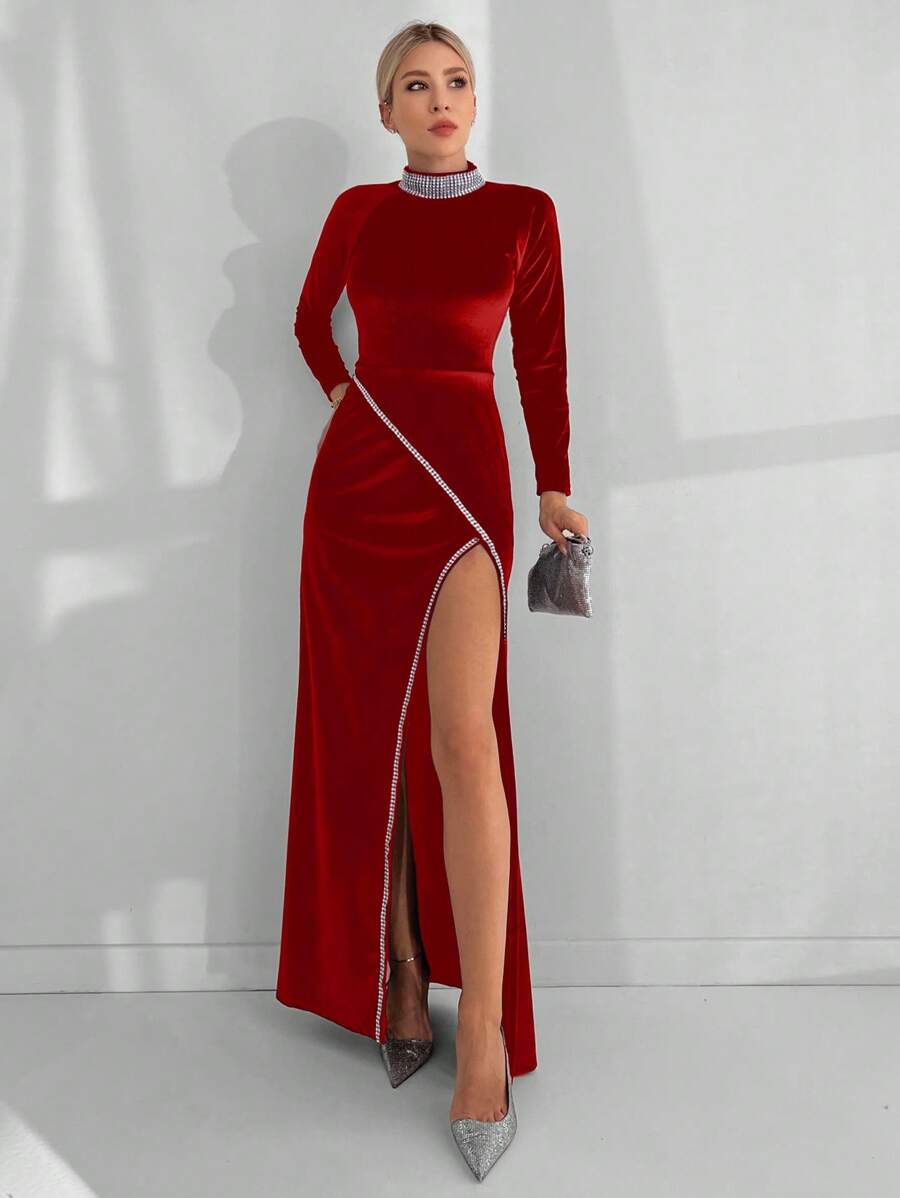 RueChic Slit & Fitted Dress With Rhinestone Detail