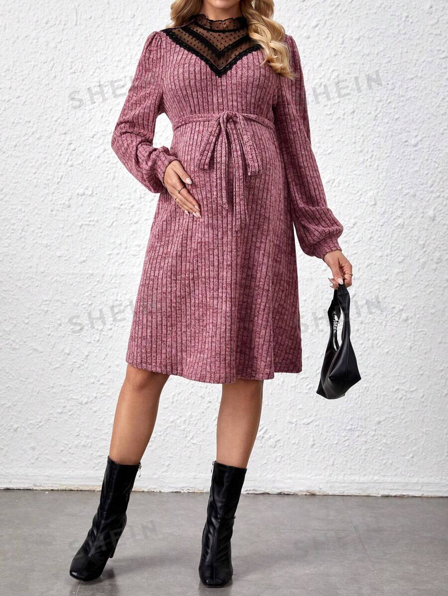 SHEIN Vestido De Maternidad Con Encaje De Parchwork Y Costillas