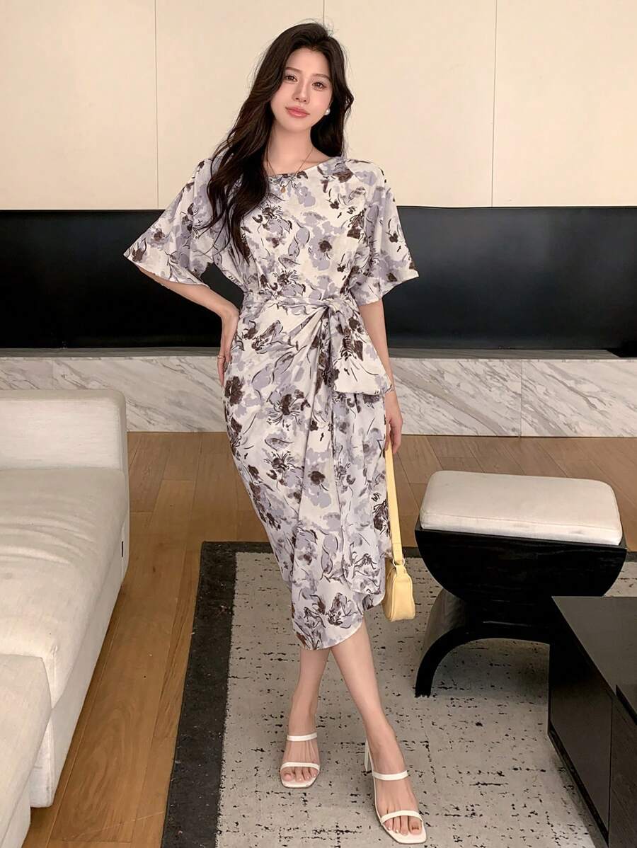 DAZY Women's Tie Knot & Side Slit Print Dress Sundress
