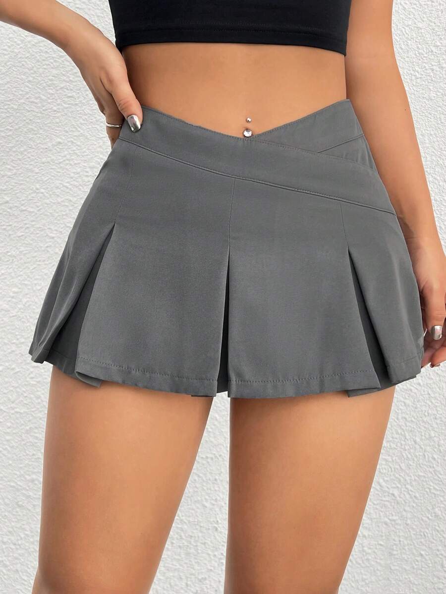 SHEIN PETITE Women'S Solid Color V-Shaped Waistband Pleated Mini Skirt
