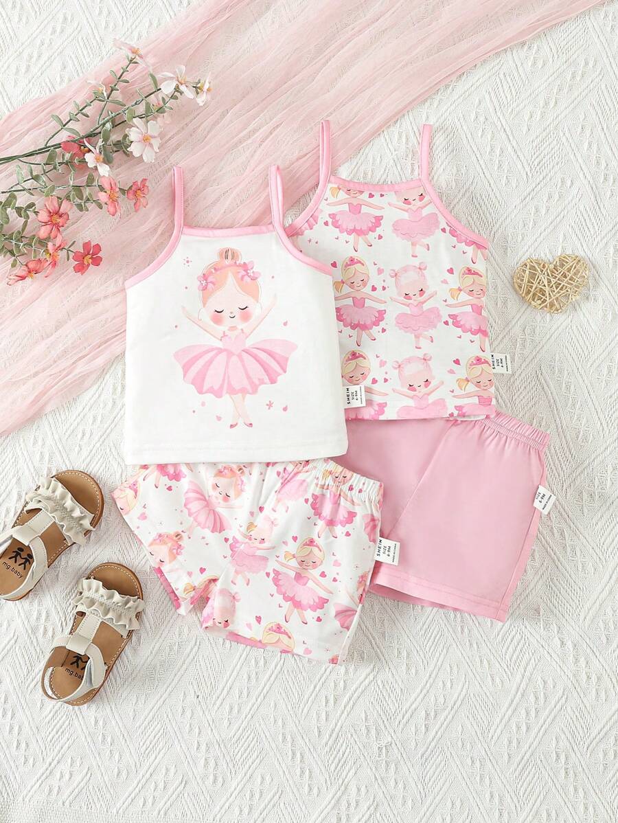 SHEIN Baby Girl Cartoon Printed Tank Top And Shorts 2pcs/Set, Summer Outfits