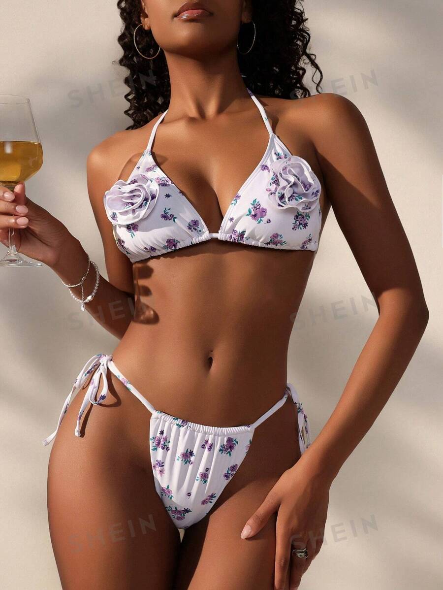 SHEIN Swim Conjunto de bikini de 2 piezas con decoración de flores en 3D y estampado de flores diminutas para el verano y la playa