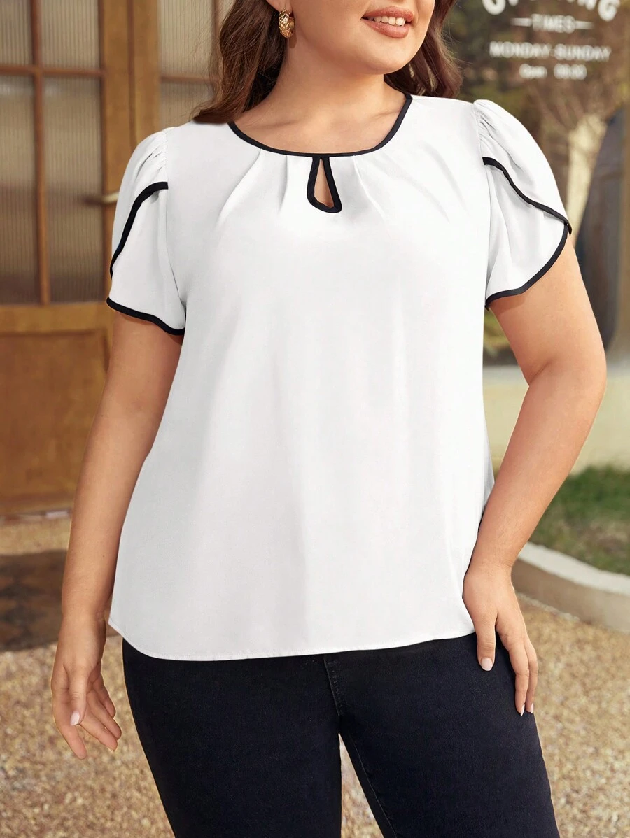 SHEIN Clasi Plus Size Women's Color Block Edge Button Down Shirt With Puff Sleeves