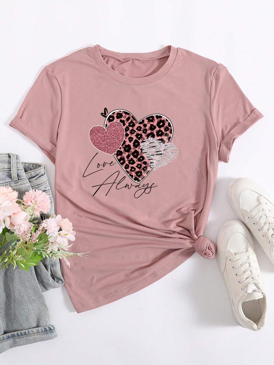 Calvaya Plus Size Women's Heart Leopard Print Round Neck Short Sleeve T-Shirt Graphic Cheetah Print Tees Women Tops
