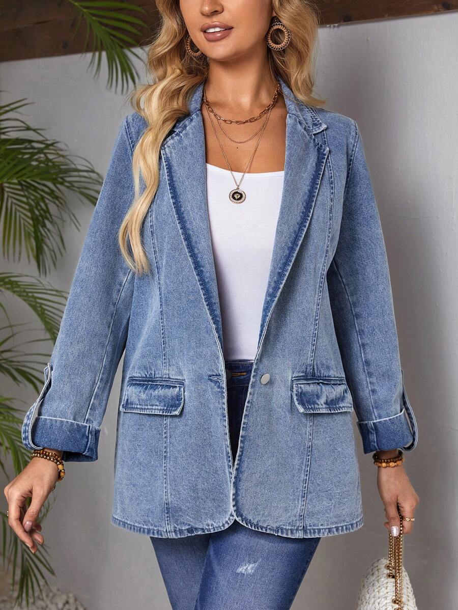 SHEIN LUNE Giacca In Denim Con Maniche Risvoltate E Colletto Rovesciato