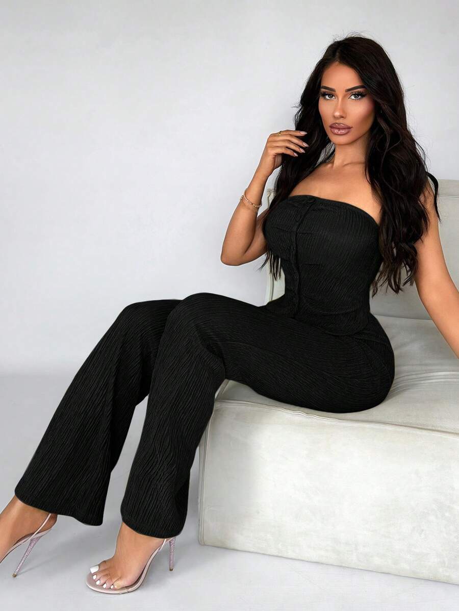 SHEIN SXY Vrouwen Sexy Voorpand met knoppen Tube tops & Wijduitlopende broek Met Getextureerd Kledingstof , 2 st./set