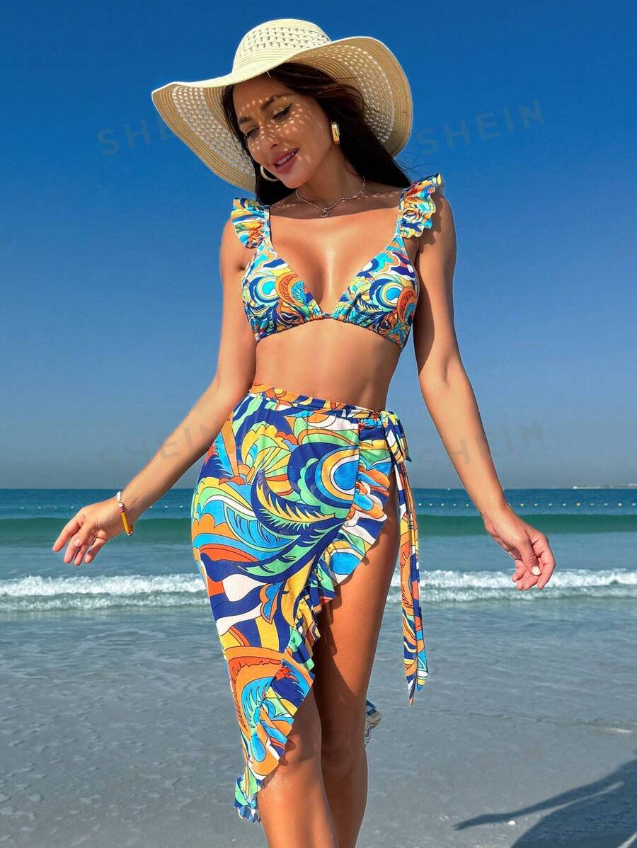 SHEIN Swim Conjunto de bikini con cuello en V y estampado total para mujer con ribete con volantes para carnaval de verano