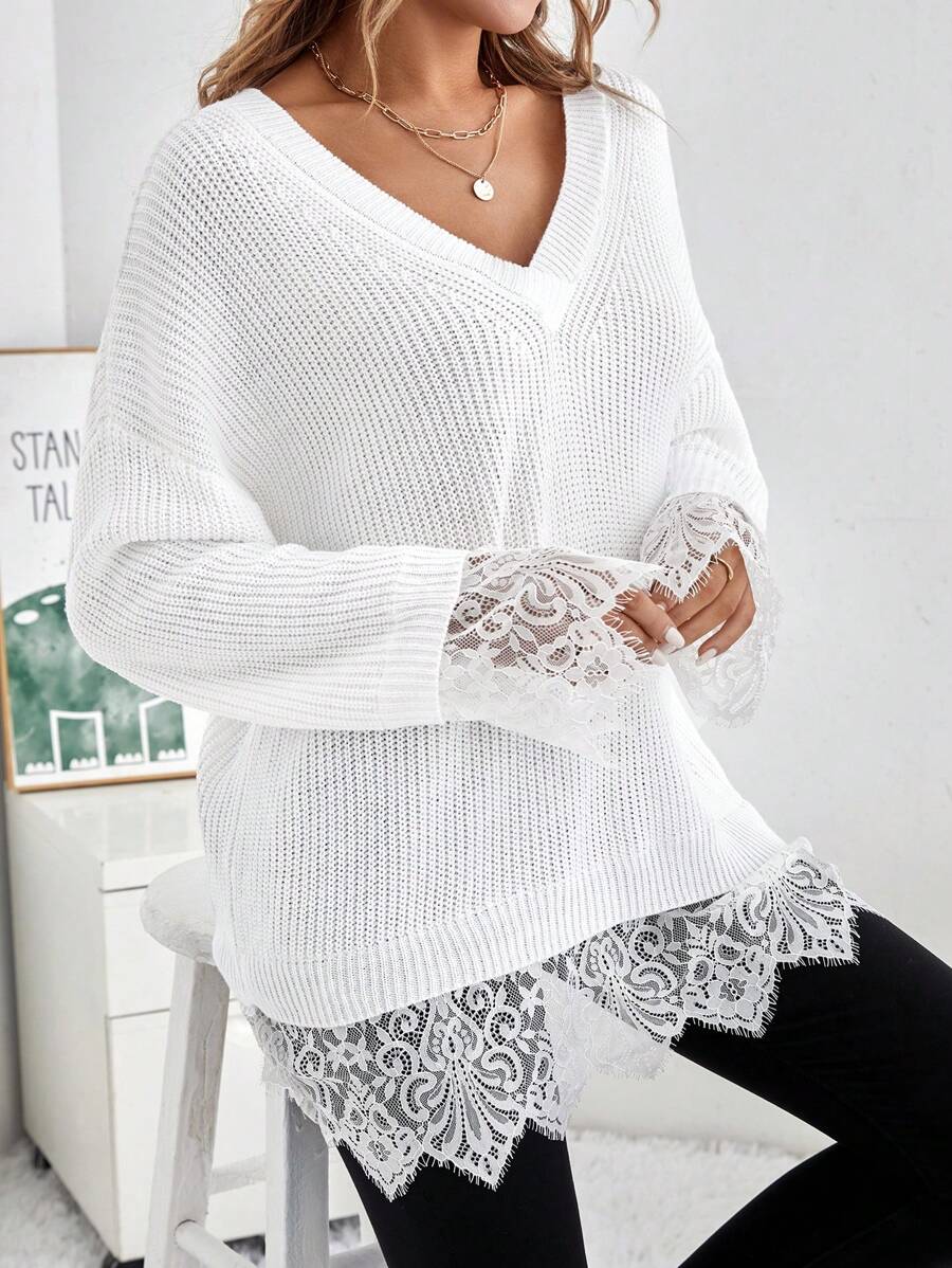 SHEIN LUNE Lace Trimmed V-Neck Long Sleeve Sweater With Lace Hem