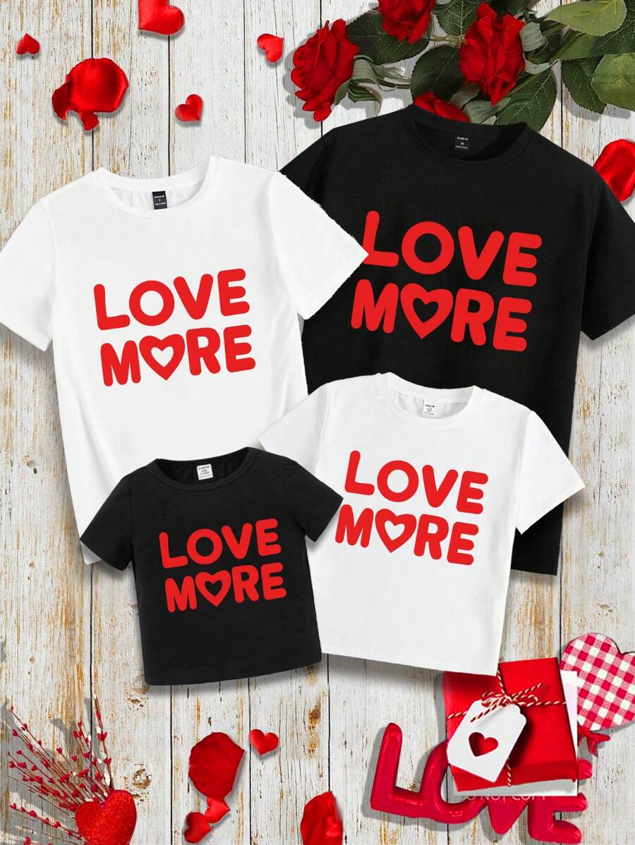 Valentine's Day Casual Round Neck Short Sleeve T-Shirt Containing Cotton, Suitable For Young Boys In Summer, Family Outfits, Hearts, I ❤ More, Red