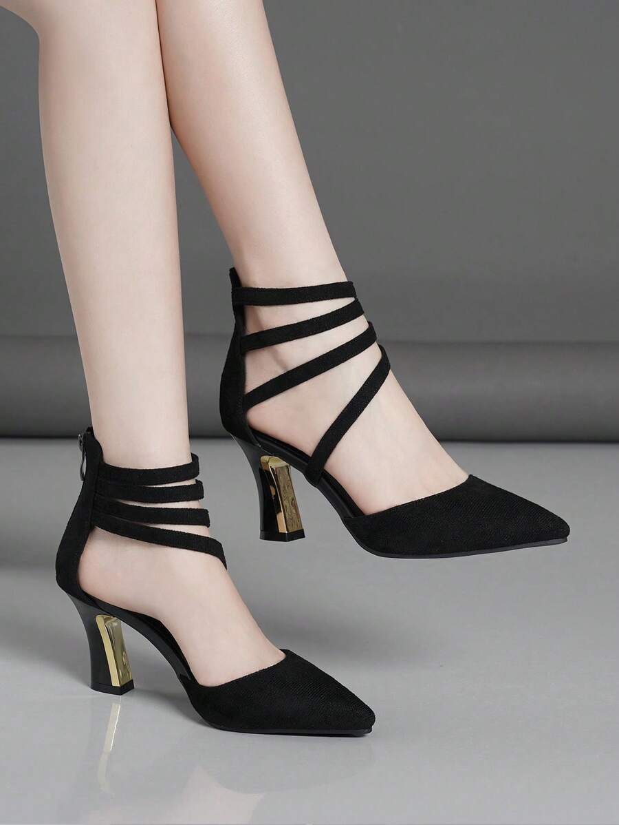 Women's Pointed Toe Chunky Heels Slip-On High Heels With Back Zipper And Strap