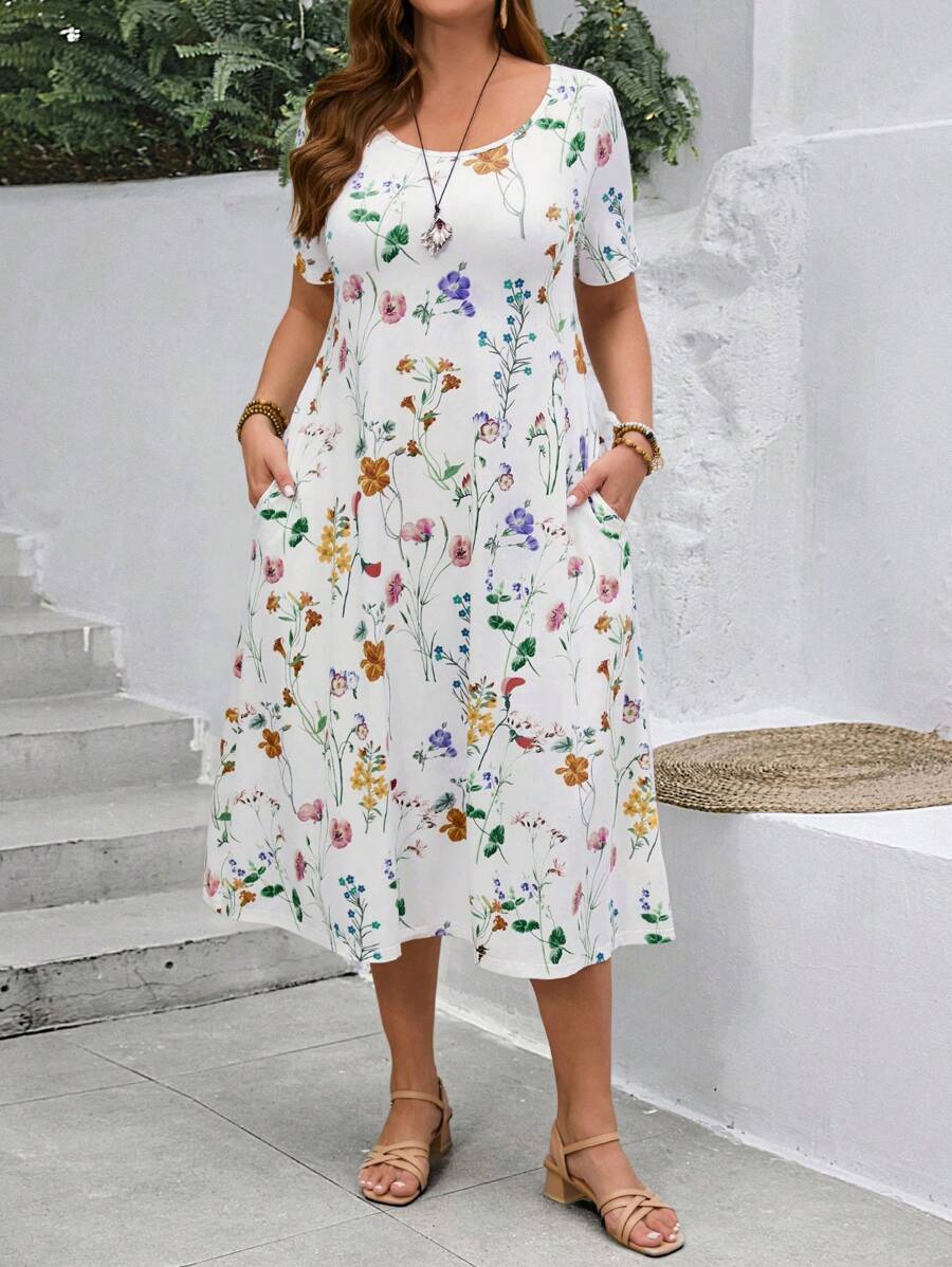 EMERY ROSE Plus Size Women's Casual Floral Print Natural Loose Short Sleeve A-Line Dress With Side Pockets For Spring For Summer,Beach Dress Sundress,Holiday Outfits Boho