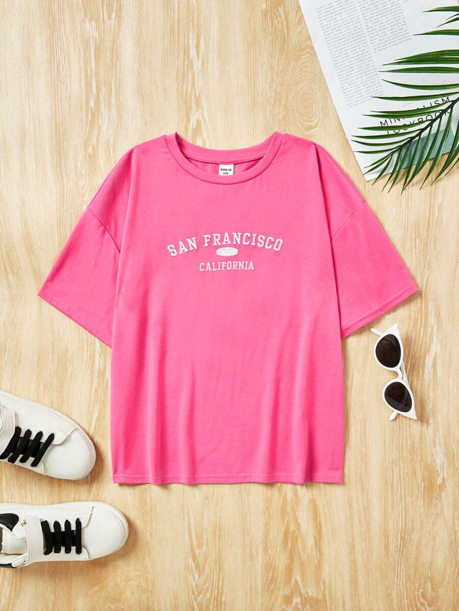 SHEIN Tricou casual cu mânecă scurtă, cu litere brodate, tricotat Tween Girl