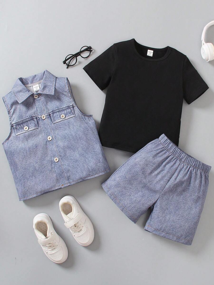 SHEIN Colete de jeans e shorts com efeito denim e conjunto de camiseta de manga curta com pescoço redondo para menino jovem