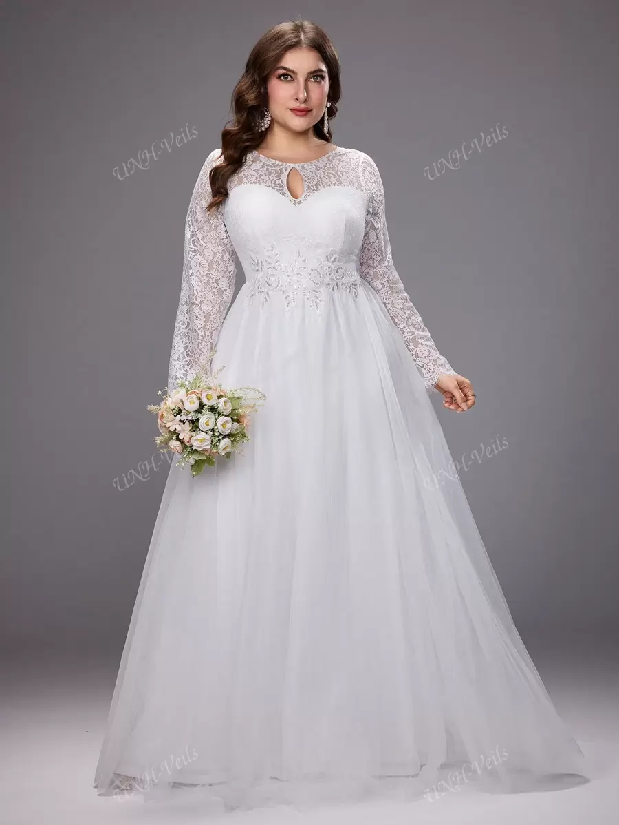UNITHORSE Plus Size Women'S Elegant Lace Flowers Long Sleeve Mesh Wedding Dress With Gorgeous Dress, All White Party Outfit Women