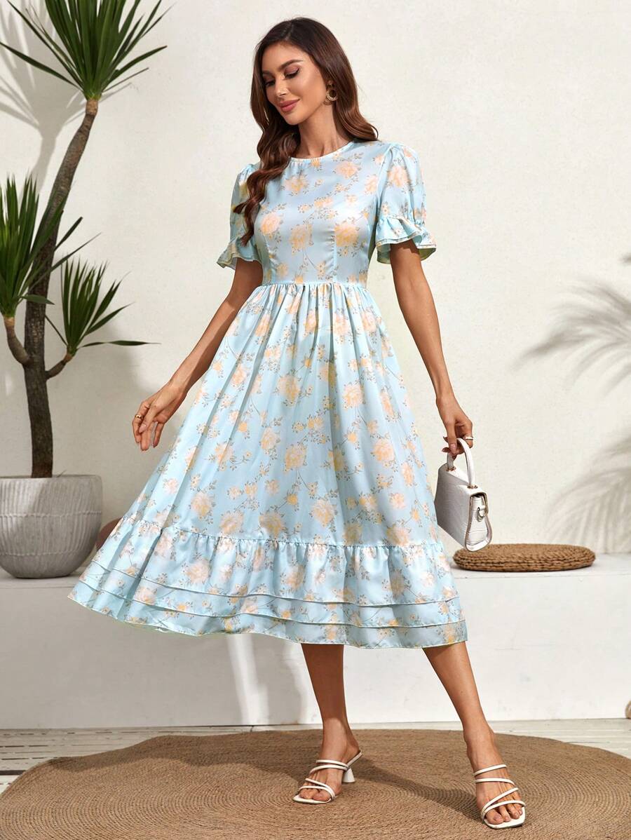 Women'S Round Neck Short Sleeve Floral Print Midi Dress SHEIN USA