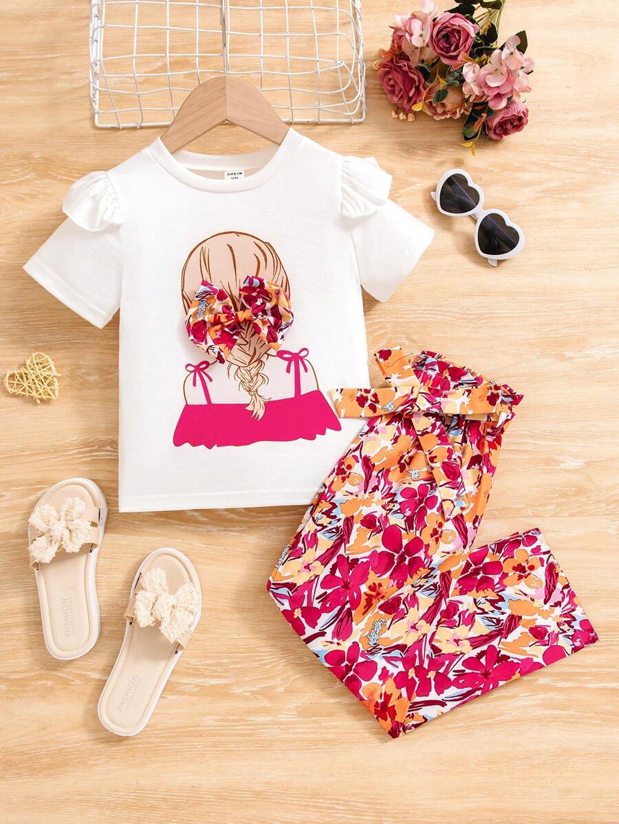 SHEIN Young Girl Summer Holiday Casual Comfortable Printed Short Sleeve T-Shirt And Pants Set