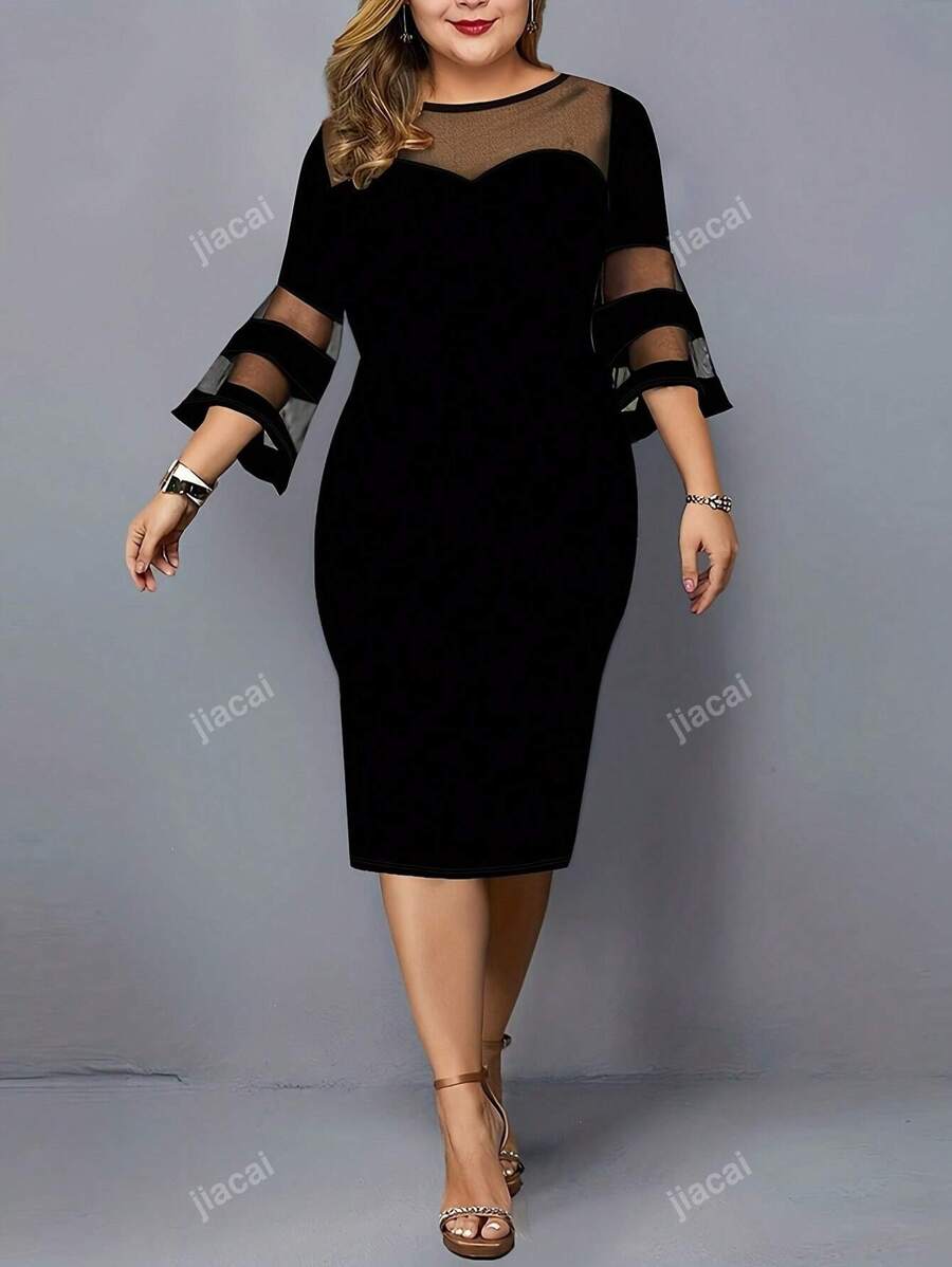 Plus Size Women's Mesh Contrast Loose Dress