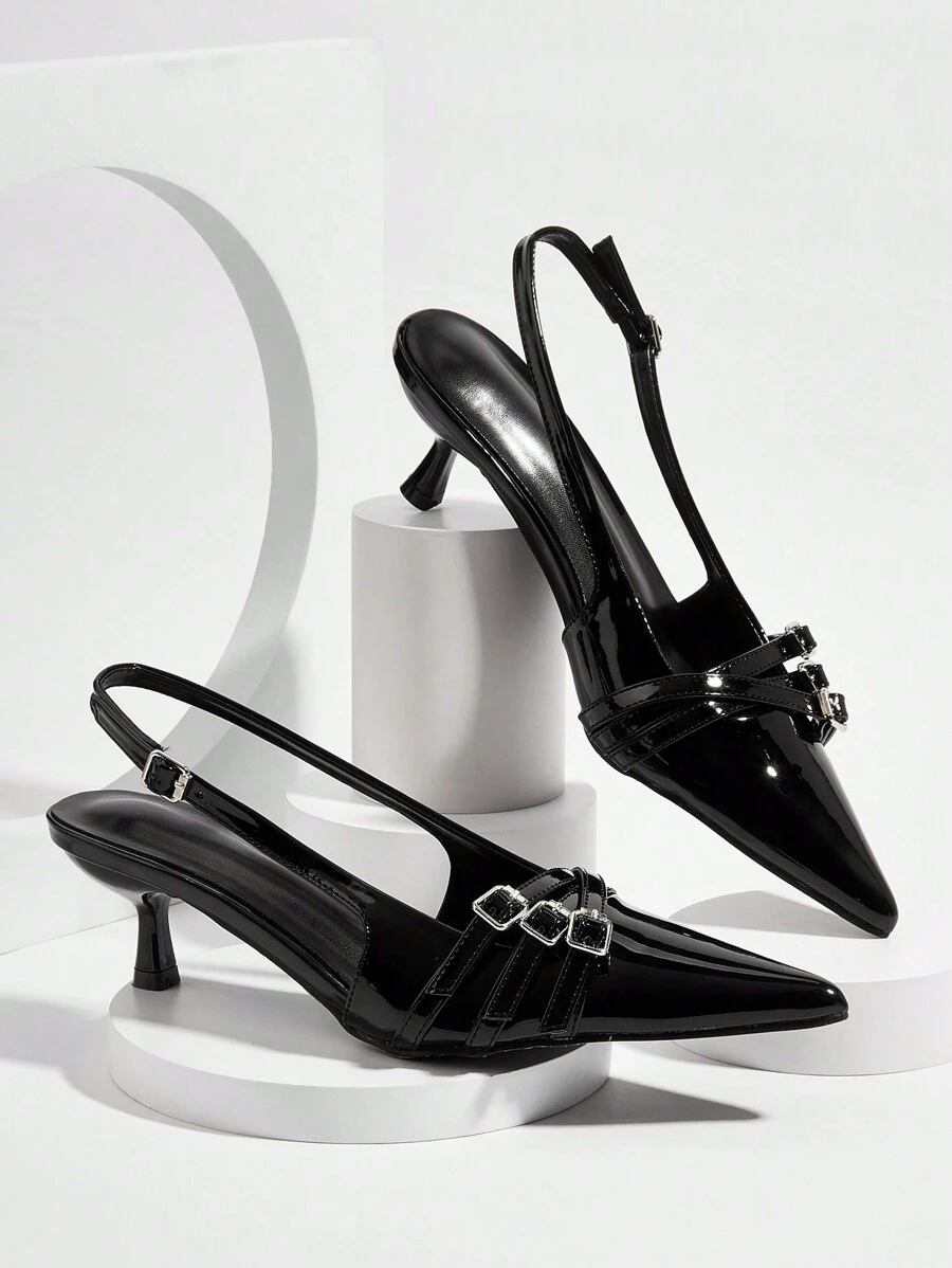 Sexy Black Patent Leather Pointed Toe High Heels With Thin Heel And Metal Buckle For Wedding & Party