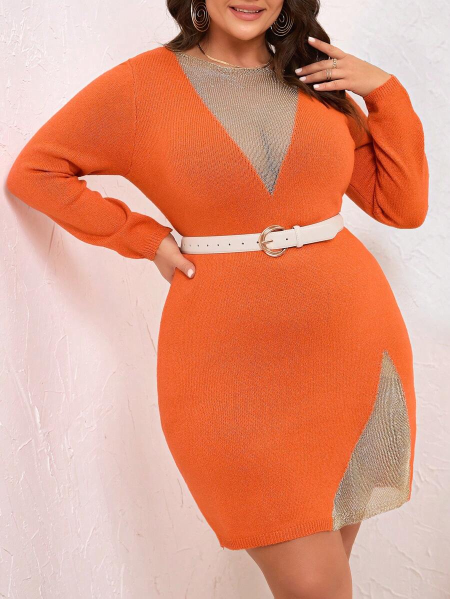 SHEIN Clasi Women's Orange Plus Size Sweater Dress With Deep V-Neck And Side Slit