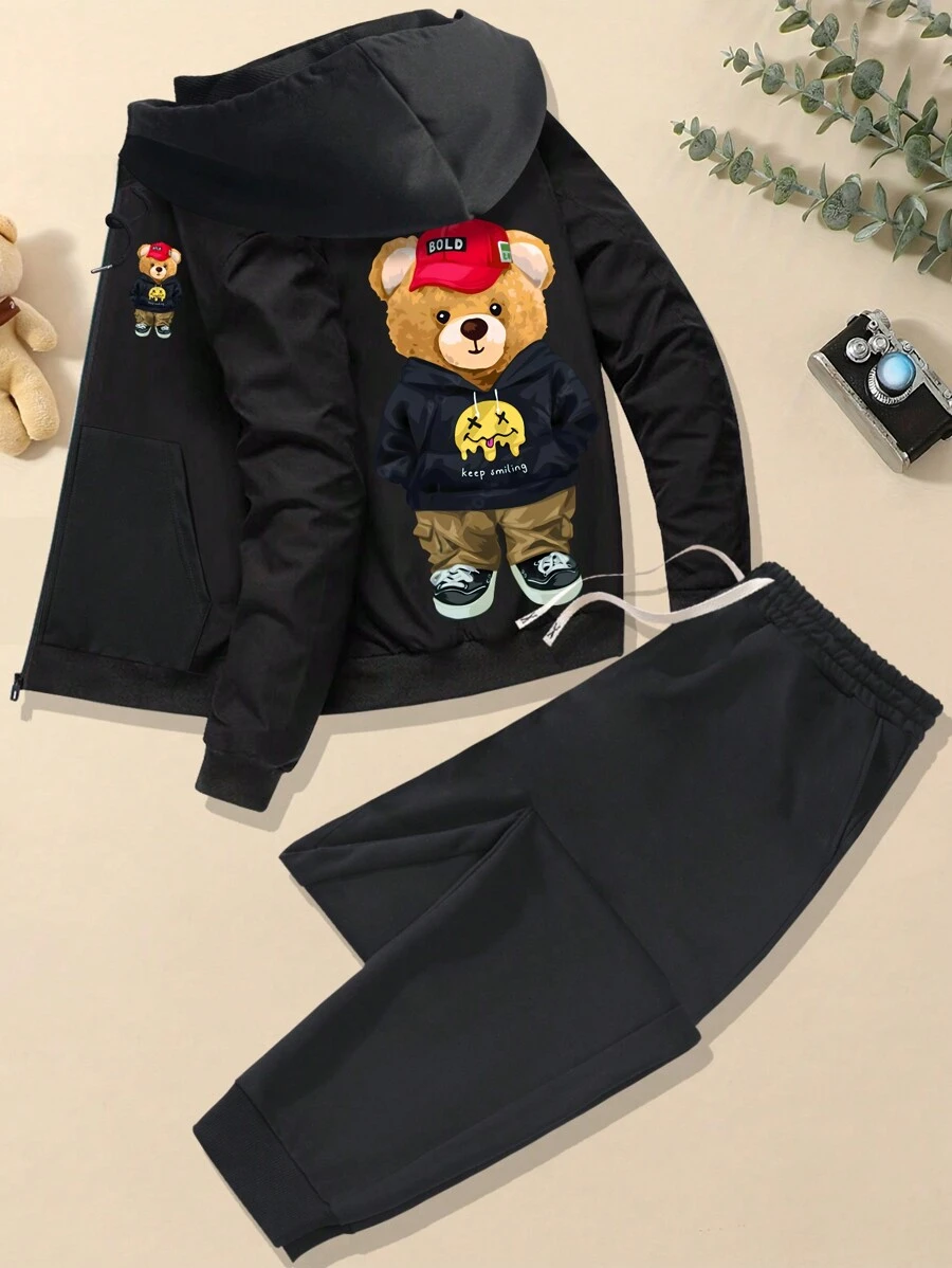 Nuevo conjunto de dos piezas para hombres para primavera y otoño con diseño de oso impreso, conjunto informal y para exteriores con cintura elástica y con cordón, pantalones con bolsillos, ideal para camping y viajes