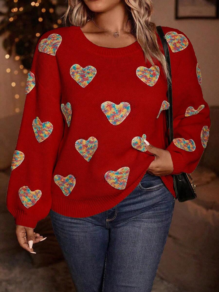 Calvaya Plus Size Heart Pattern Drop Shoulder Sweater