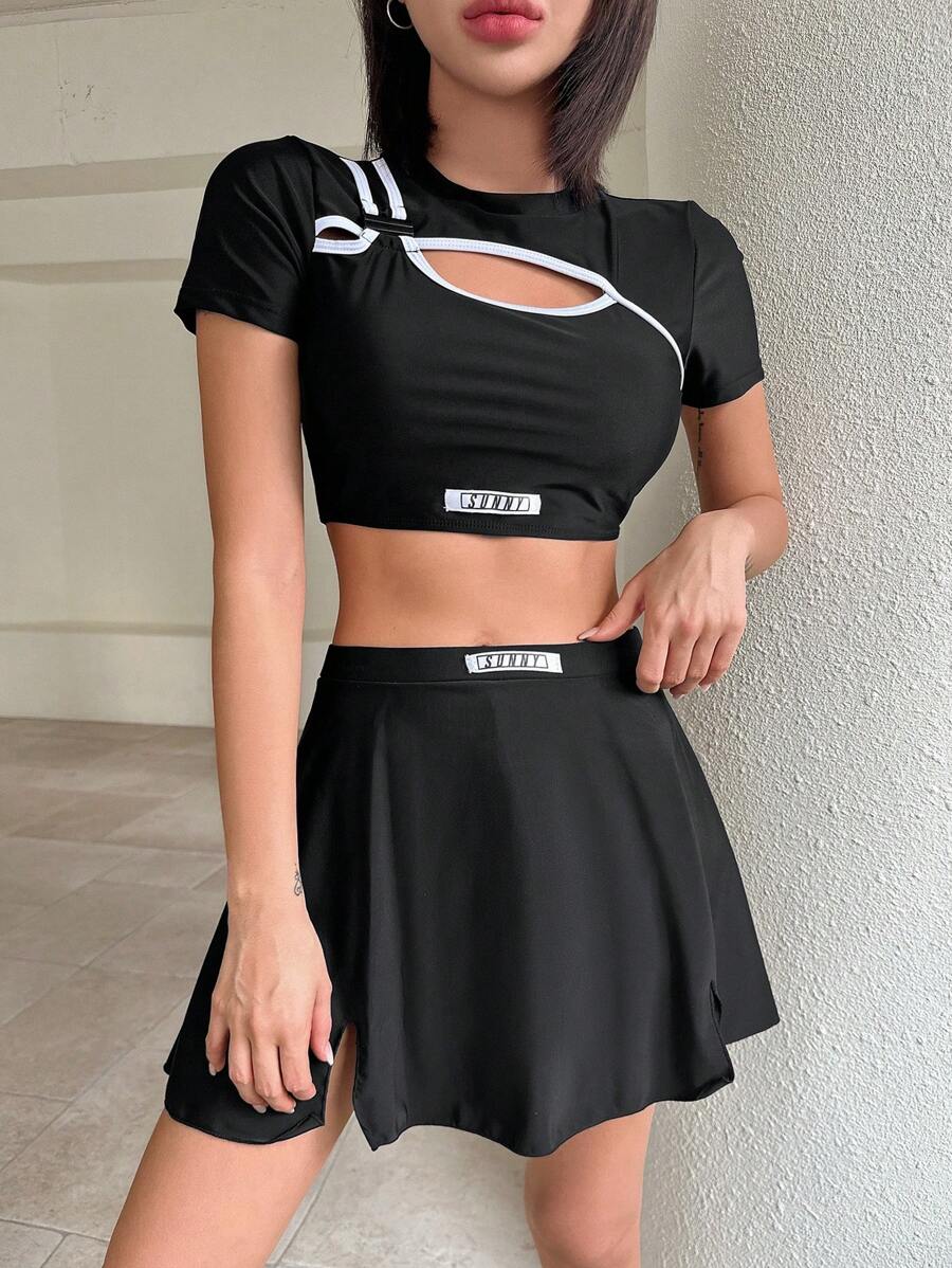 Dazy Women S Solid Color One Piece Swimsuit With Short Sleeve Shrug And Patch Detail Bikini Set
