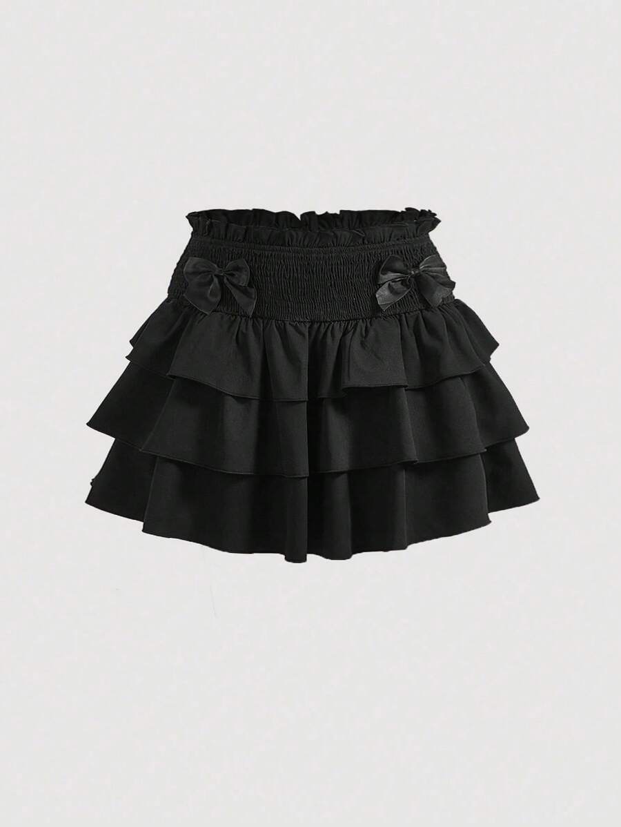 SHEIN MOD Women's Plus Size Bow Decorated Three-Tiered Ruffled Hem Skirt