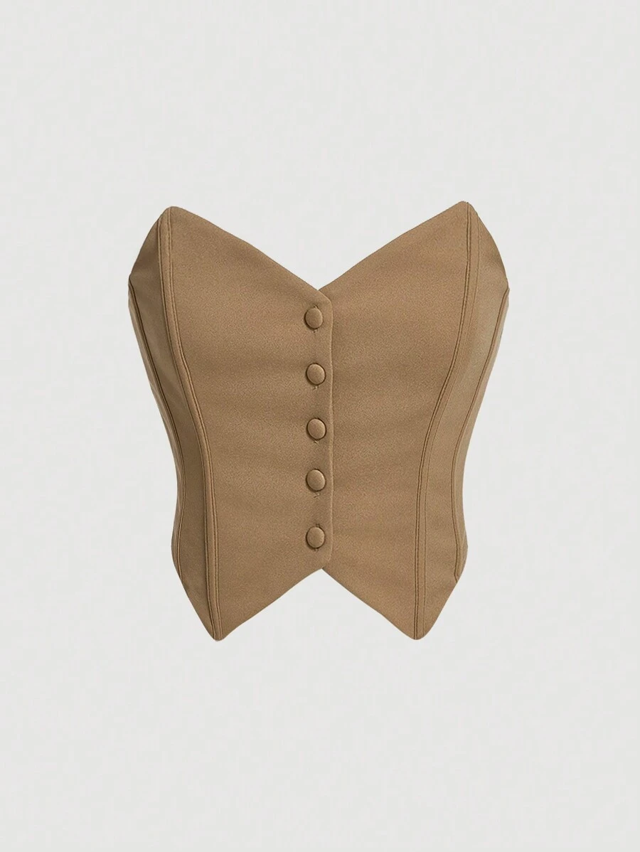 SHEIN MOD Ladies' Khaki Sleeveless Button Front Bustier Summer Top