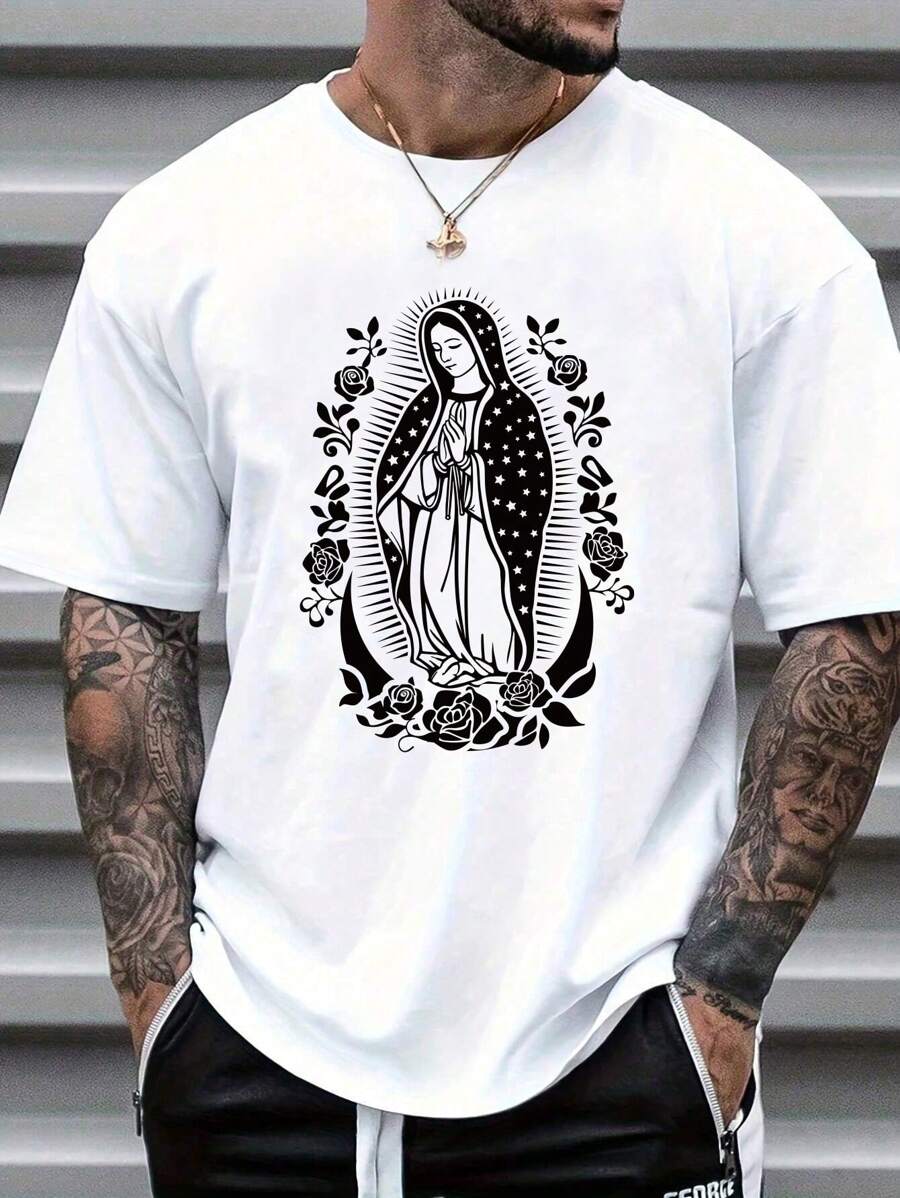 Manfinity Men's Casual Short Sleeve T-Shirt With Virgin Mary Print