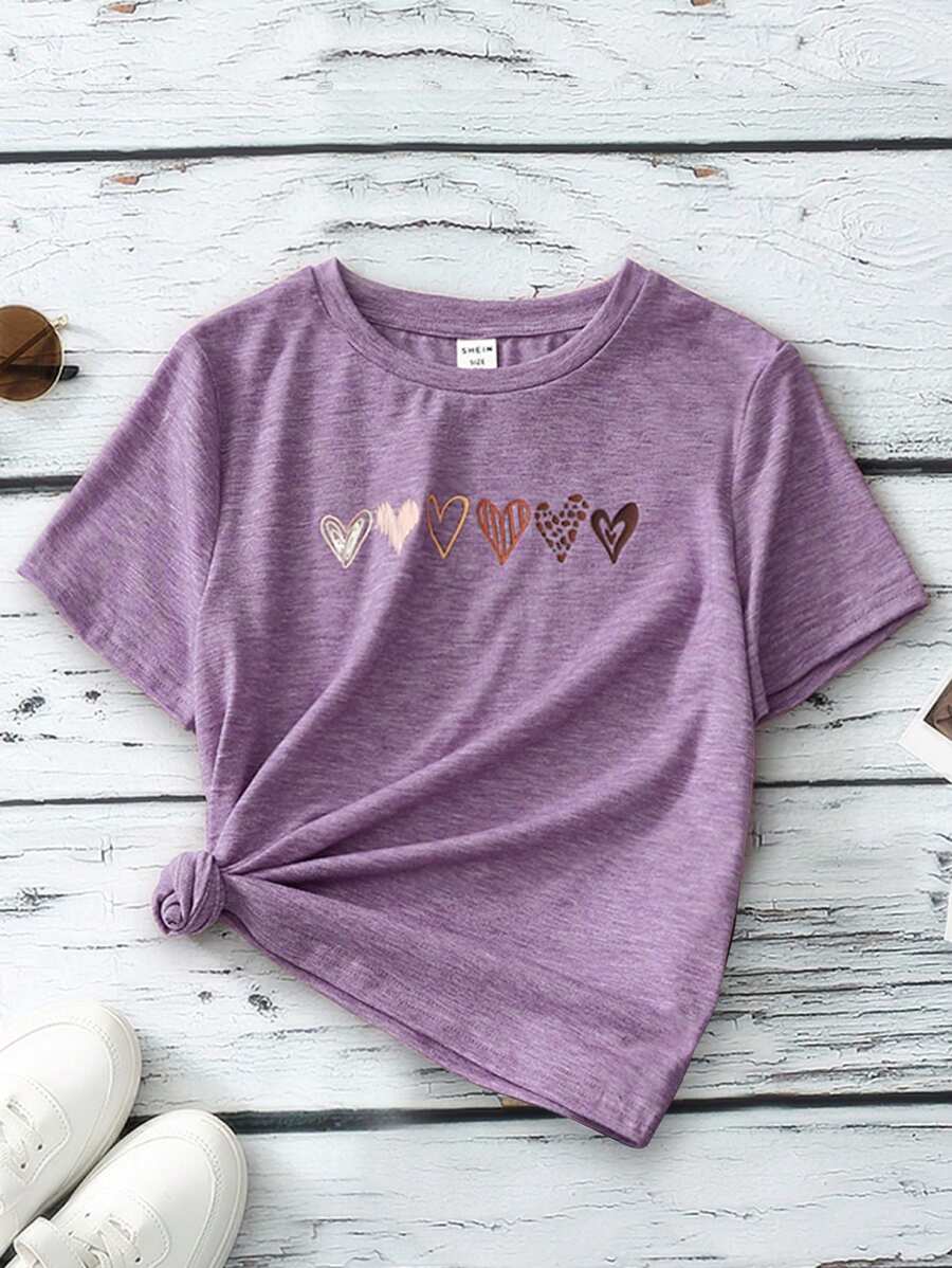 SHEIN T-shirt Décontracté À Manches Courtes Et Coupe Ample À Imprimé Cœur Pour Adolescentes Avec Encolure Ronde