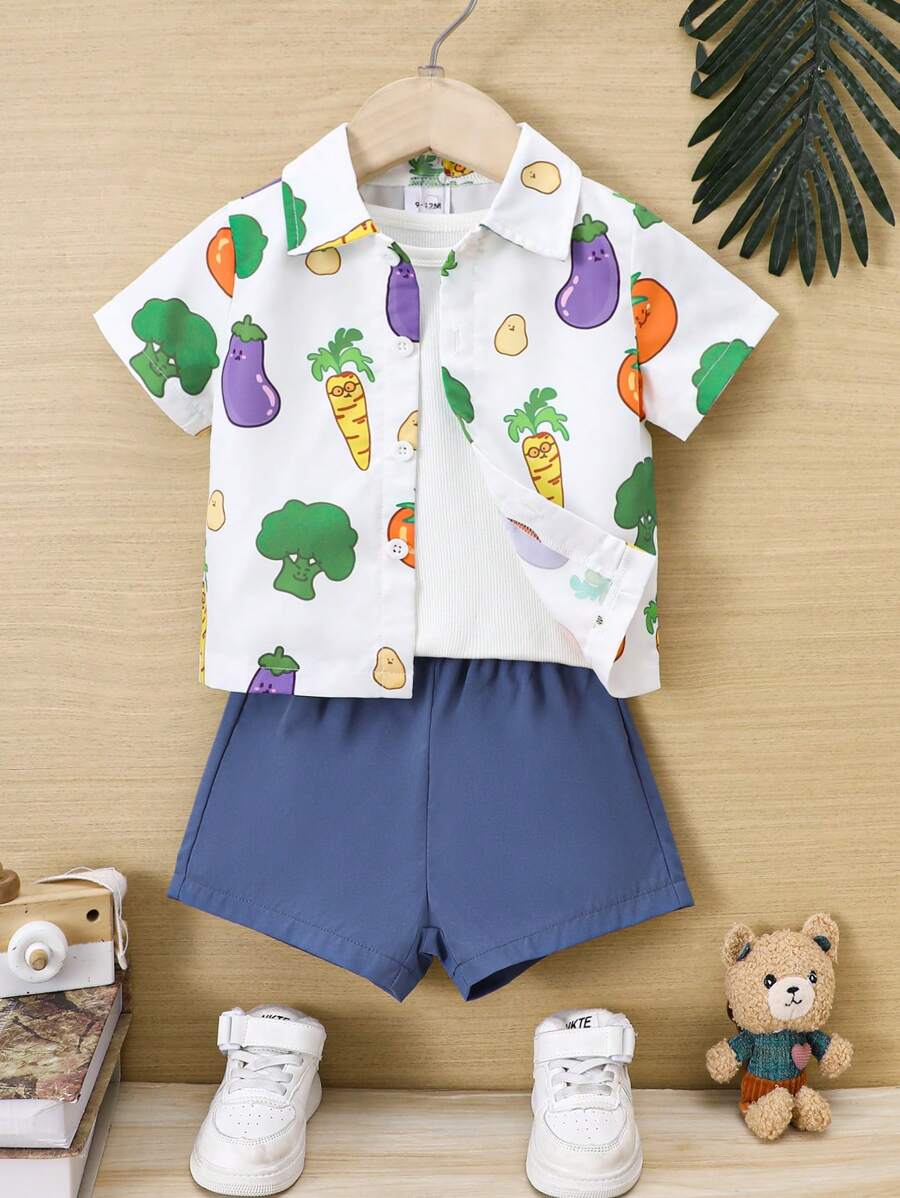 2pcs/Set Baby Boys' Cute Vegetable Print Short Sleeve Top And Shorts Set For Daily Wear In Summer