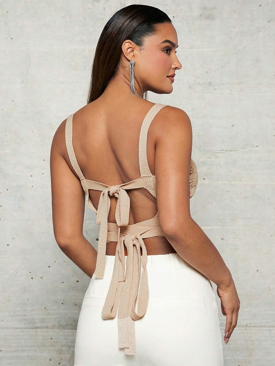 SHEIN BAE Cover Ups Apricot Crochet Texture Hollow Cross Strap Large Backless Tight Elastic Perspective Spring And Summer Holiday Festival Clothes Top