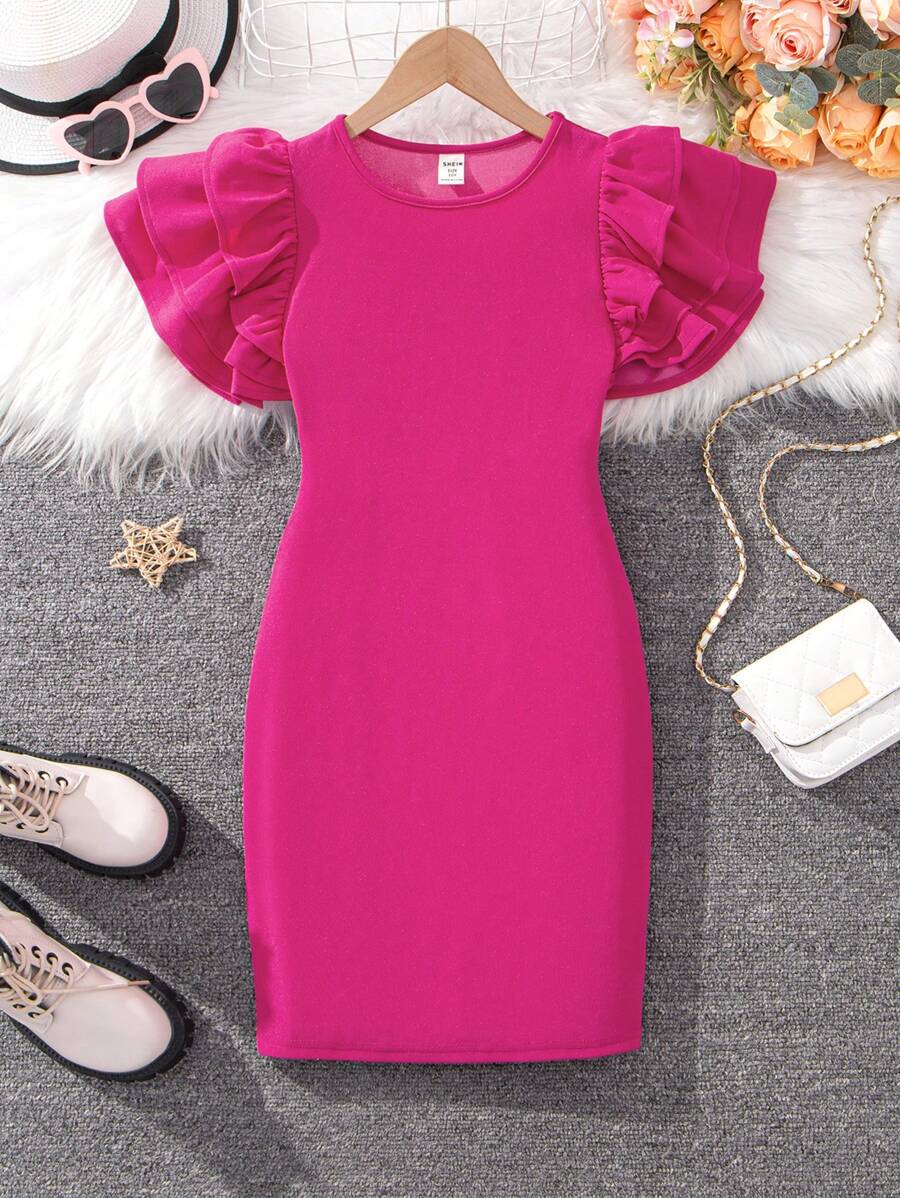SHEIN Vestido Para Niña Preadolescente Con Cuello Redondo Casual Y Manga Con Capas Para Uso Diario