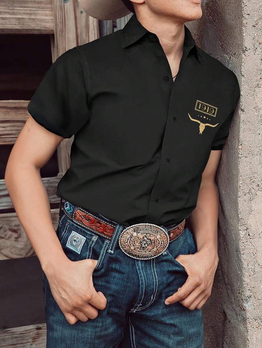 Manfinity Homme Men Embroidered Western Style Graphic Short Sleeve Shirt, For Hunting, Cowboy, Husband