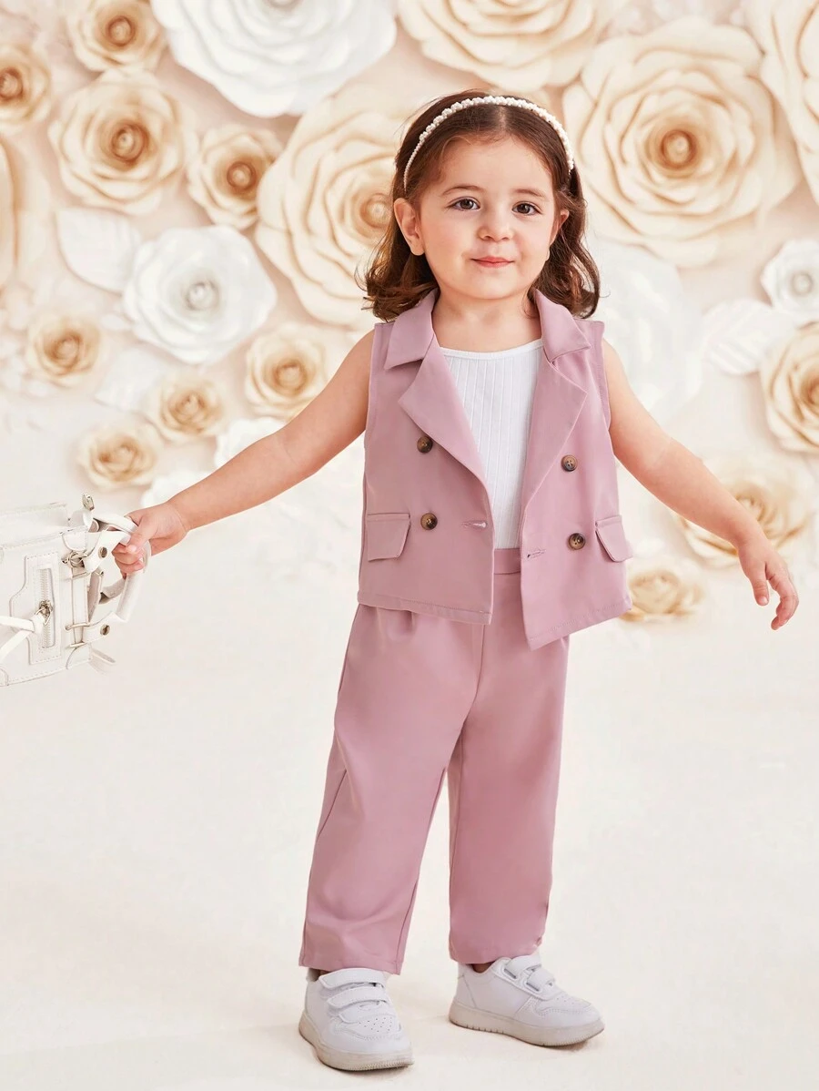 SHEIN Baby Girl Casual Solid Color Suit Collar Sleeveless Vest And Long Pants With Suspender Vest 3pcs Set