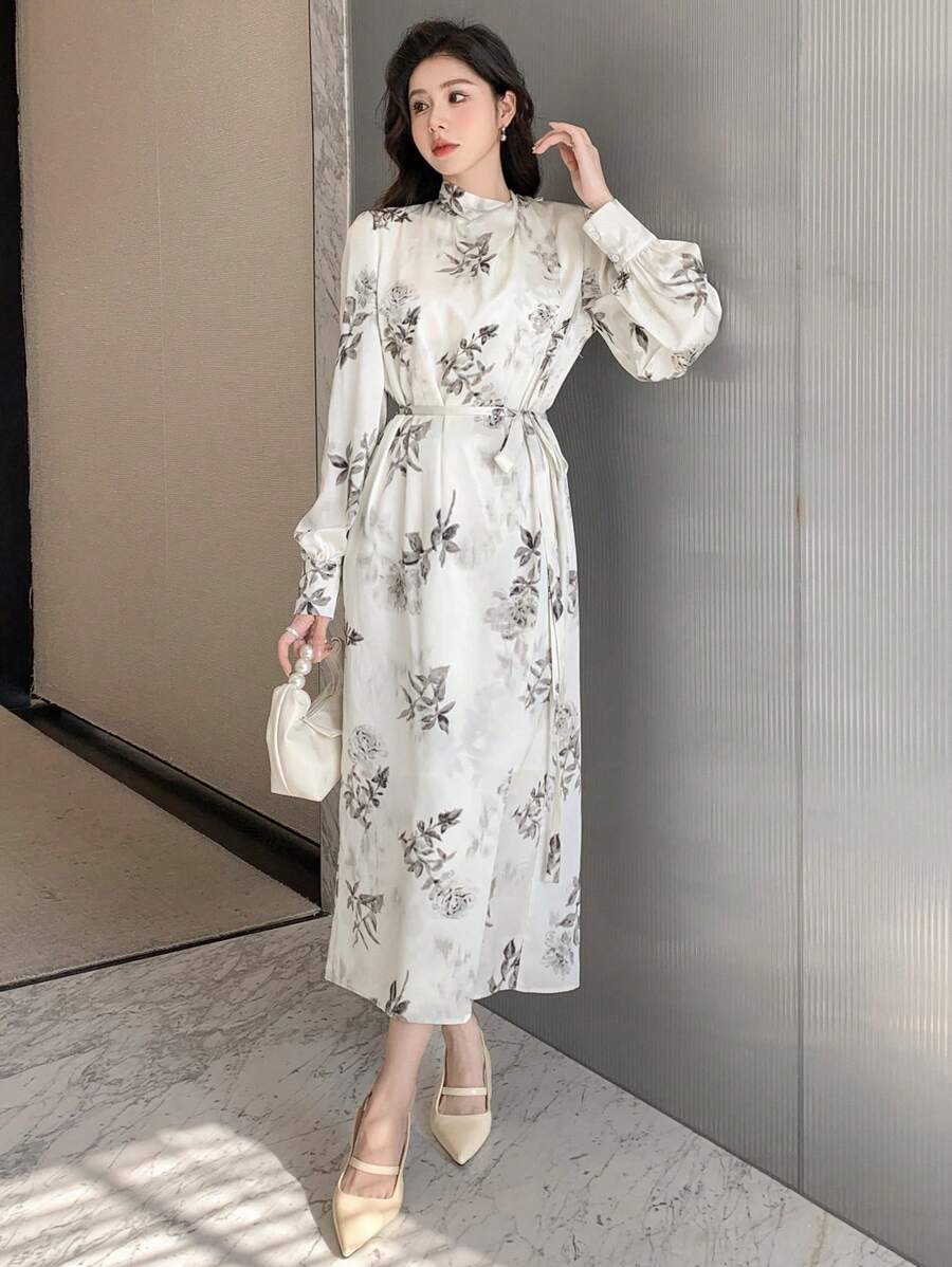 DAZY Women'S Floral Print Stand Collar Dress