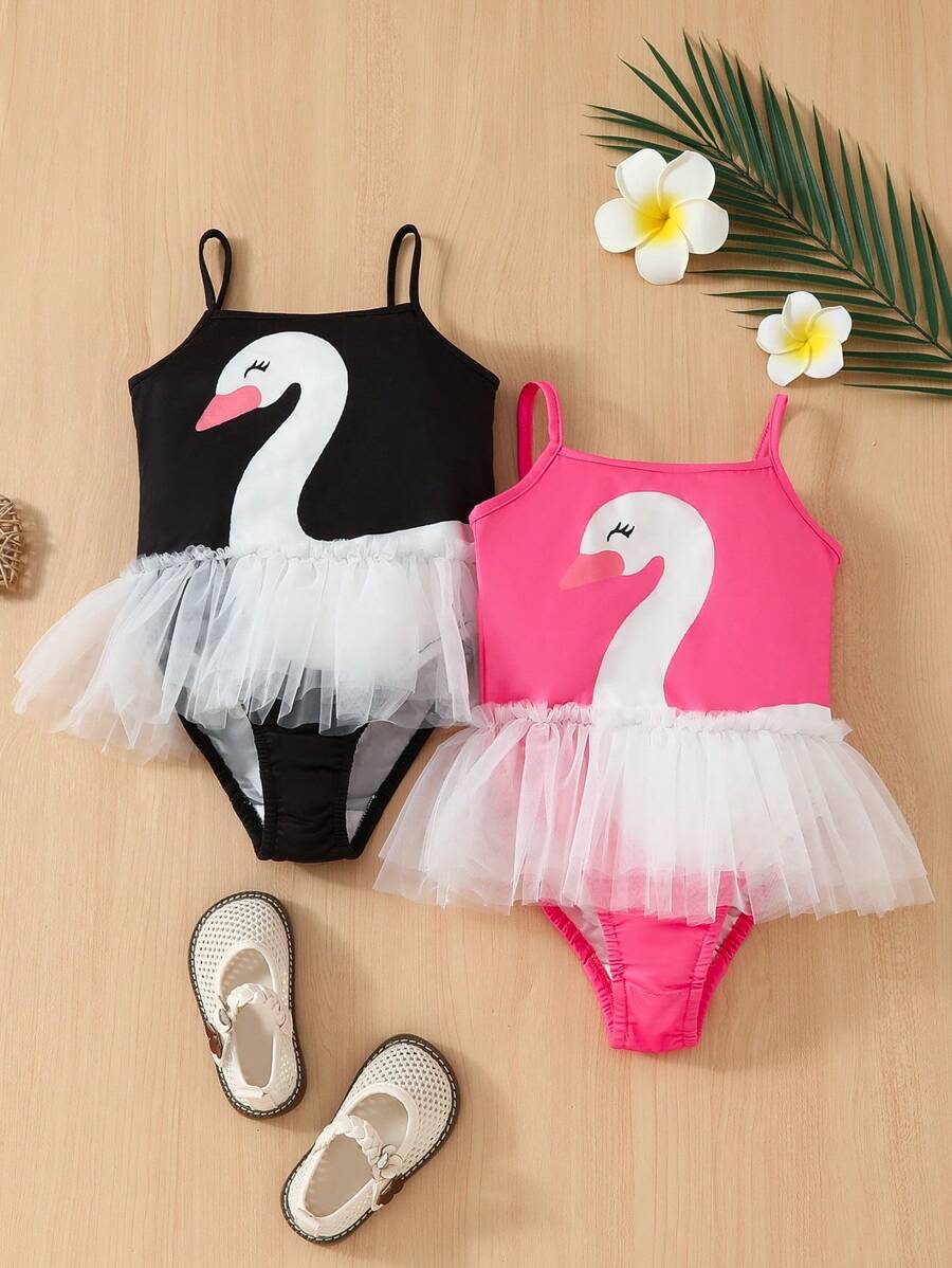 SHEIN Young Girls' Mesh Swan Printed 2pcs Bodysuit Set
