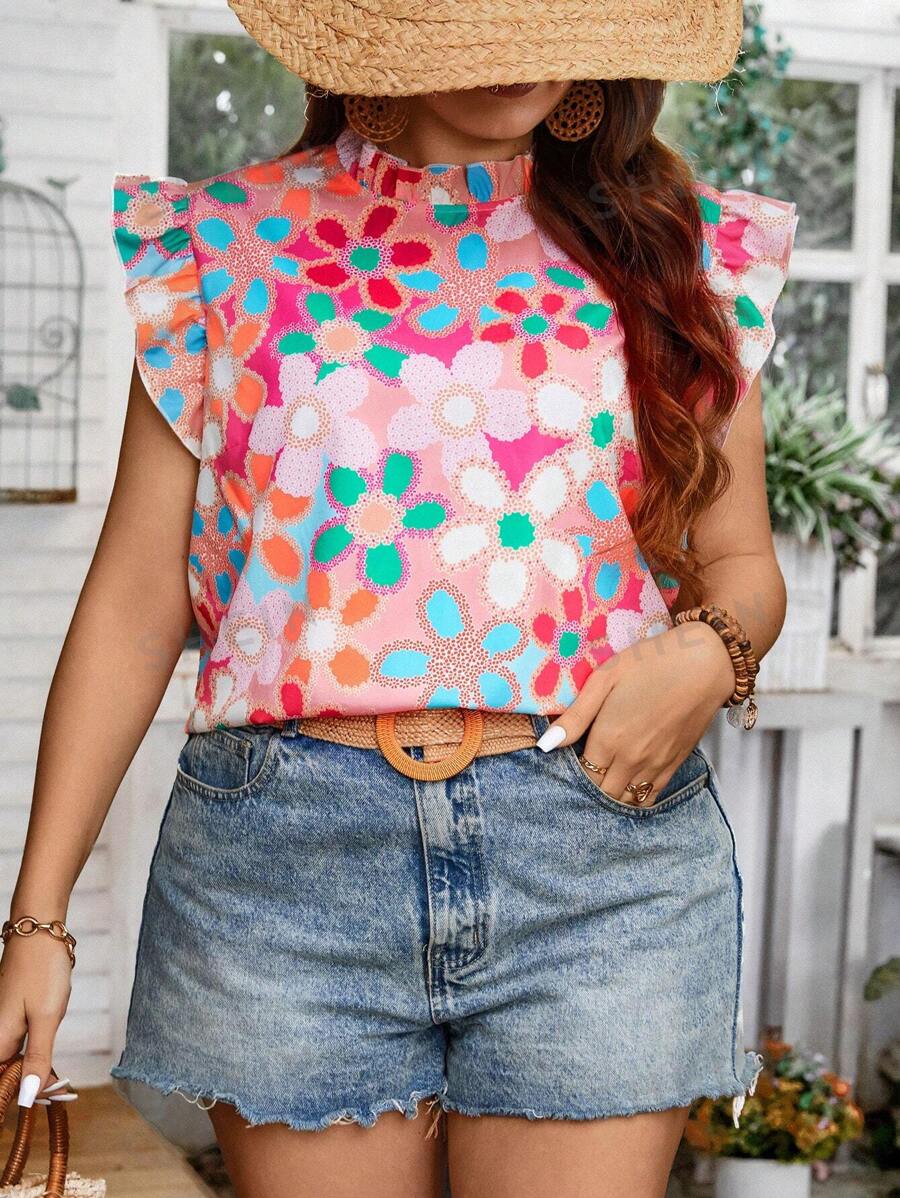 Breezaya Blusa De Talla Grande De Mujer Con Diseño Floral Impreso Y Volantes En Las Mangas