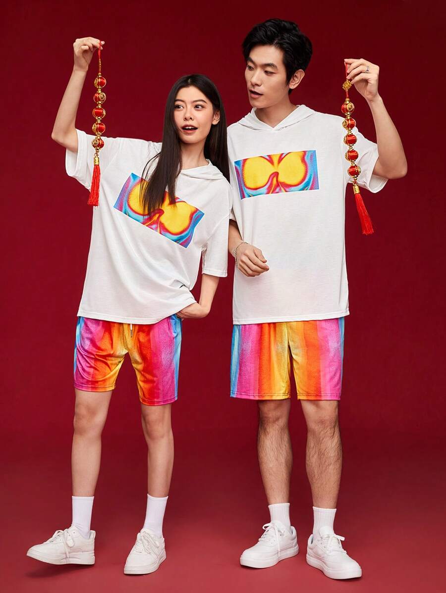 Manfinity Unisex Ensemble T-shirt À Capuche Casual À Manches Courtes Et Short Pour Homme Avec Design Imprimé, Coupe Ample