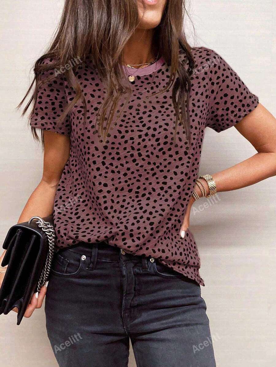 Acelitt T-shirt Décontracté À Manches Courtes Imprimé Tout Autour Avec Col Rond