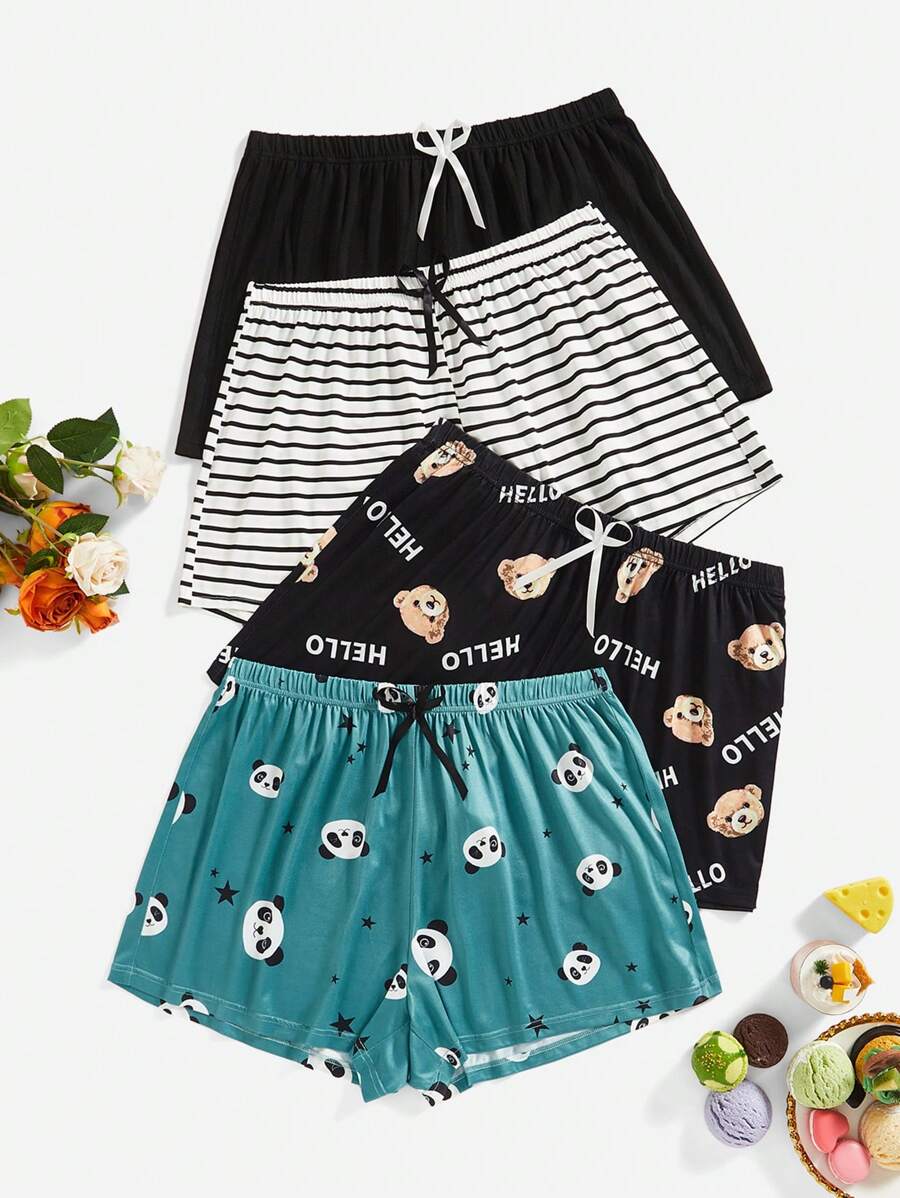 Plus Size Cartoon Printed Pajama Shorts Sleep Shorts With Bow Decoration