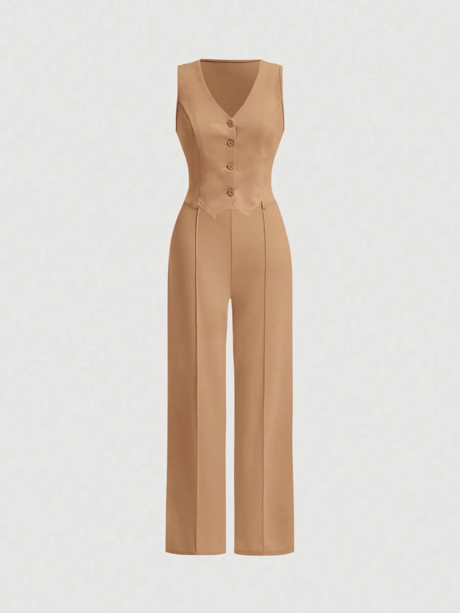 SHEIN MOD Ladies' Single-Breasted Vest And Trousers Set Khaki Color