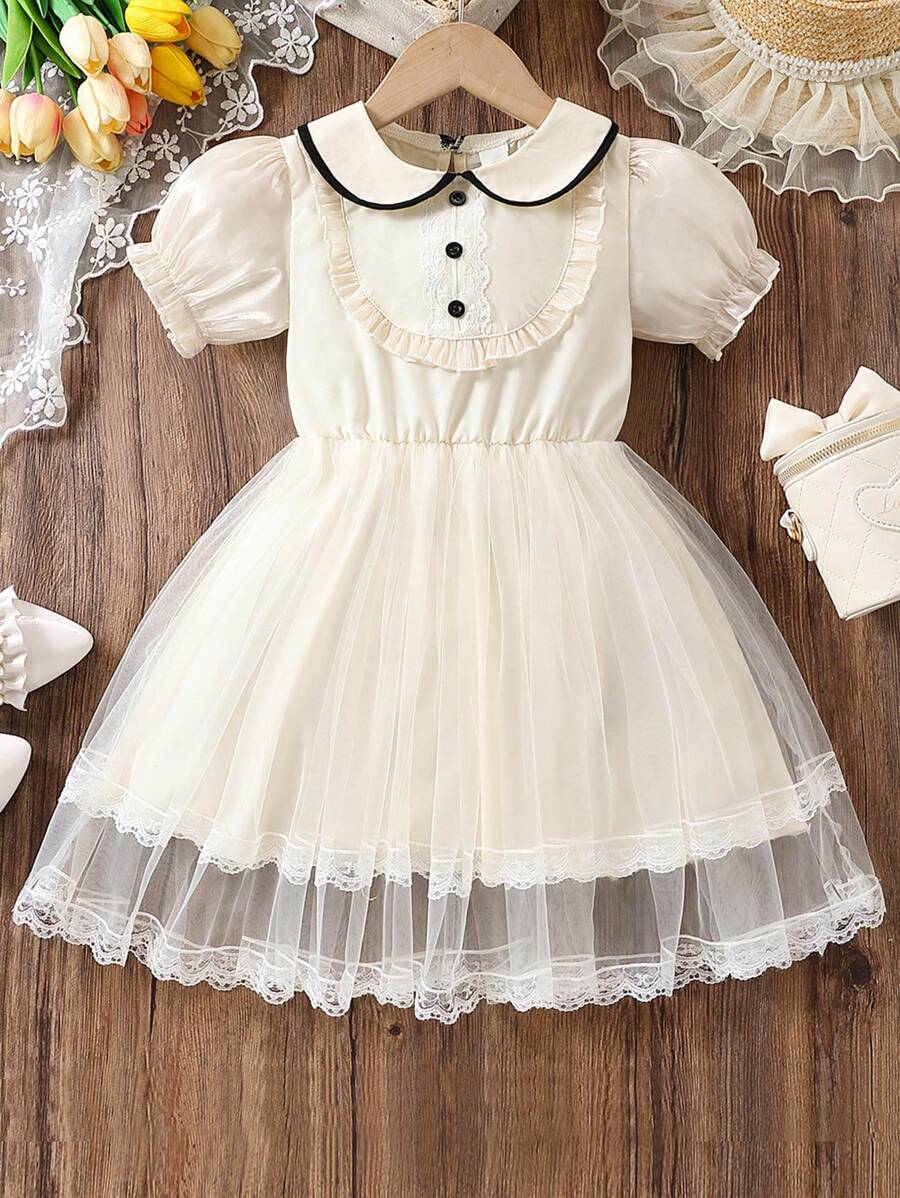 SHEIN Vestido De Cintura Imperio Para Niña Joven Con Malla Cosida Y Detalles De Botones