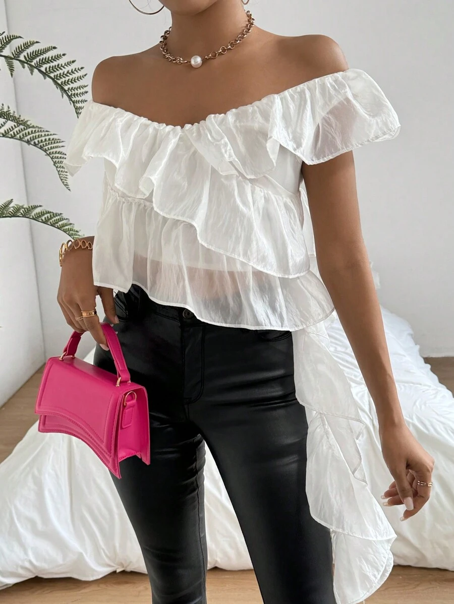 SHEIN Privé White Elegant Women'S V-Neck Camisole Top With Ruffled Hem
