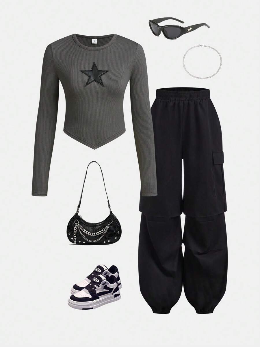 SHEIN Girlism 2 Peças/conjunto De Camiseta Teen Girls Manga Curta Com Padrão De Estrelas Em Malha Canelada E Calça Cargo Casual