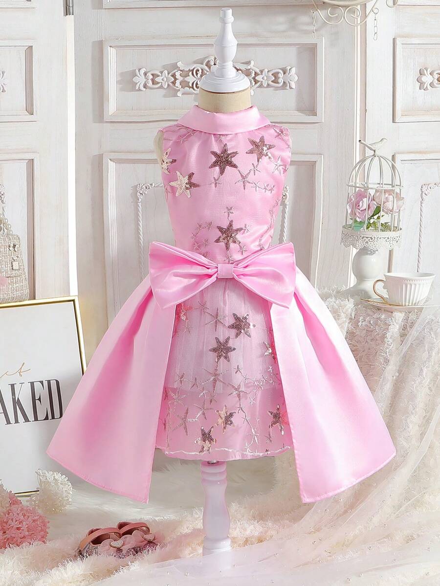 Vestido Rosado De Jacquard Para Niña Con Estrellas, Cuello De Lazo, Estilo De Princesa, Ideal Para Fiesta De Cumpleaños/fiesta/boda/festival/actuaciones