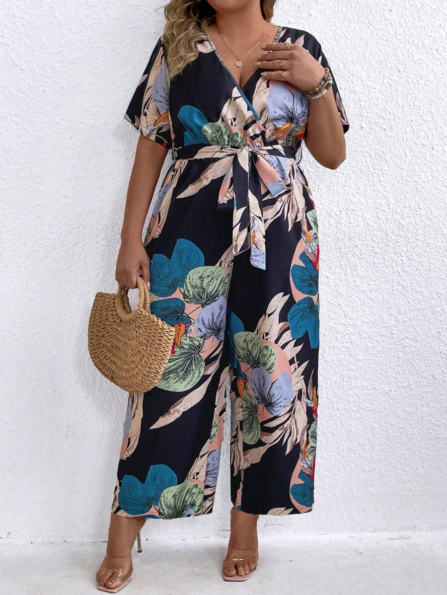 SHEIN Clasi Women's Plus Size Tropical Print V-Neck Jumpsuit