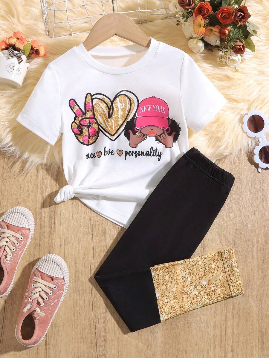 SHEIN Young Girls' Letter & Portrait Printed Short Sleeve T-Shirt And Leggings Set