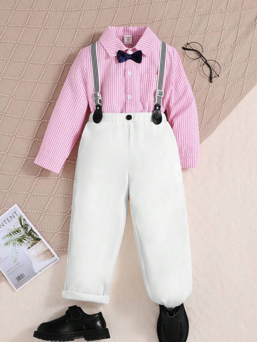 Toddler Boys' Bow Tie Striped Shirt And Suspender Pants Set