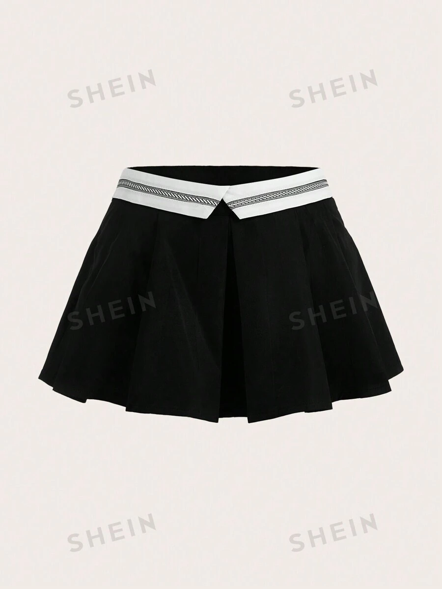 SHEIN ICON Falda Negra Mini De Cintura Dobable, Plisada Con Color De Contraste Y Dobladillo Alto Y Bajo